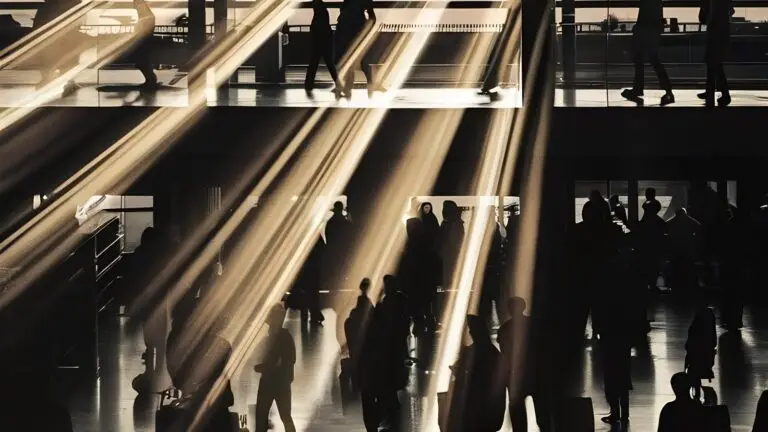 אולם טרמינל בשדה תעופה בין לאומי עם נוסעים בדרך אל השערים